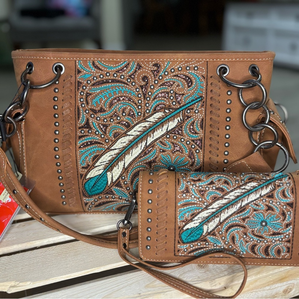 Brown Embroidered Feather Women's Bag